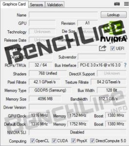 NVIDIA GeForce GTX 1050 Specs leak GPUz
