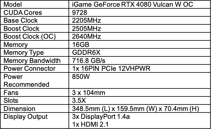 igame rtx 4080 vulcan white oc specs